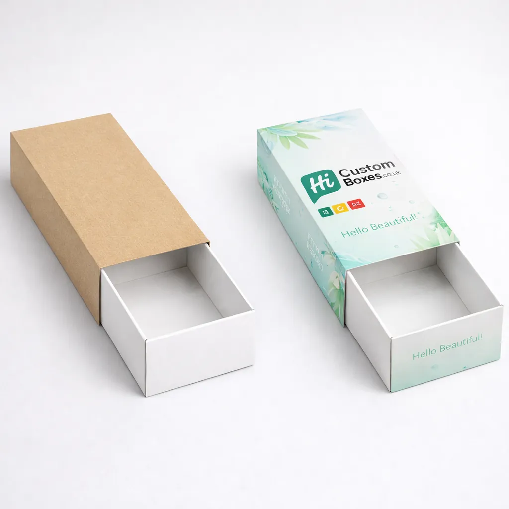 Two premium two-piece gift boxes, one plain white and one with blue skin toner designs. class=